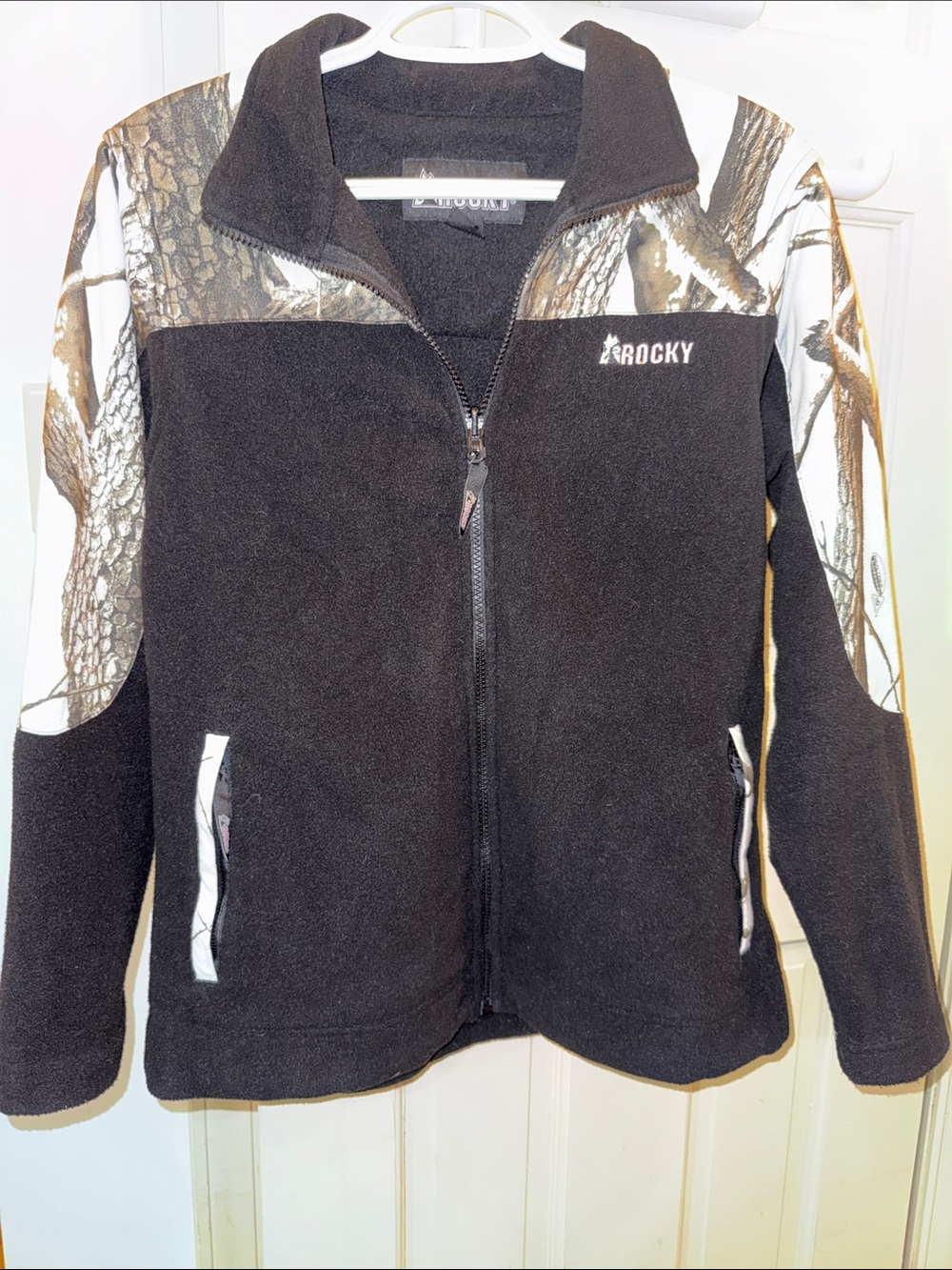 Rocky Black Fleece Jacket with White and Brown Camouflage Accents